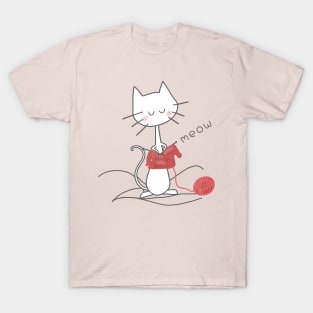 White Knitting Cat - Soft Pink T-Shirt